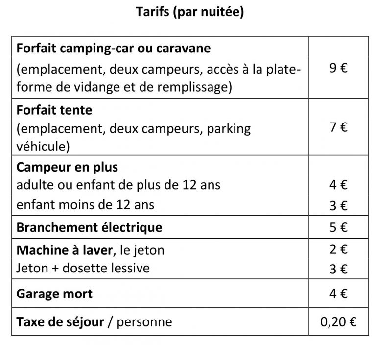 Tarifs du camping